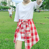 夏季韩版格子衬衫裙子假两件连衣裙闺蜜装长款T恤拼接学院风短裙