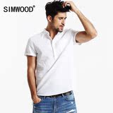 Simwood男装2016夏季修身立领棉麻衬衫男士纯色简约薄款短袖衬衣