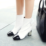 短靴女春秋单靴2016韩版冬季新款真皮拼色粗跟时尚英伦马丁靴大码
