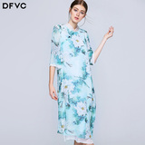 dfvc2016夏装新款女装文艺中国风印花旗袍式桑蚕丝连衣裙中长款