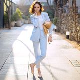 气质套装女2016秋新款韩版时尚简约纯色大码西装直筒西装裤两件套
