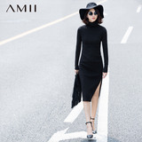 Amii女装旗舰店艾米春装新款修身开叉高领大码纯色长款毛衣裙
