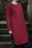 壹旧原著设计女款冬季暗枣红色提花棉麻提花前长后短保暖棉衣