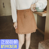 夏季新款韩版女装勾花镂空麂皮绒包臀半身裙流苏系带修身短裙子