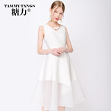 糖力2016夏装新款欧美 白色简约网格修身显瘦V领无袖连衣裙预售