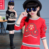 女童中大童2016秋装印花长袖两件套新款韩版套装儿童纯棉休闲裙子