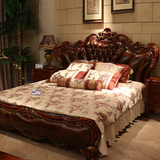 欧式床 双人床 婚床 实木雕刻大床 1.8米美式乡村真皮床 卧室家具
