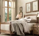 林木家具美式复古双人床原木法式做旧高档实木床仿古卧室麻布方床