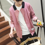 春季格子衬衫男长袖青少年棉麻上衣韩版薄款修身型休闲学生衬衣潮
