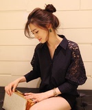 韩版大码女装2015春装新款蕾丝拼接雪纺衬衫学生装长袖衬衣女宽松