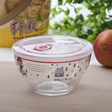 出口韩国卡通玻璃碗带盖韩式泡面碗沙拉碗创意情侣碗便当盒保险碗