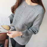 Aimeli秋冬新款2015韩版大码宽松钉珠打底衫女士毛衣套头针织外套