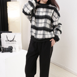2014韩国代购东大门冬保暖撞色格子圆领毛绒上衣针织衫格纹短毛衣