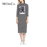 MO&Co.秋季连衣裙女长袖黑白条纹2015欧美印花贴布绣趣味图案moco