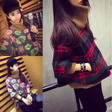 2014冬季女装韩版毛拼接高领套头假两件格子印花毛呢加厚短款外套