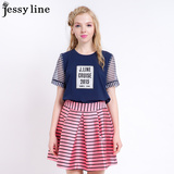 杰西莱jessy line2016夏装新款 杰茜莱正品字母条纹拼接显瘦T恤女