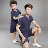 亚麻短袖T恤父子套装纯色修身夏季薄款棉麻短t中国风潮男厂家代发