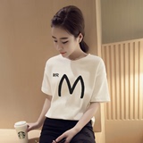 夏季16最新款韩版女装M字母印花上衣中学生宽松时尚百搭短袖t恤潮