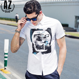 AZ蚁族夏季青年男士印花纯棉短袖衬衫男式商务时尚韩版修身白衬衣