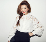 韩国春季镂空刺绣蕾丝花朵性感长袖宽松衬衫女灯笼袖白色显瘦衬衣