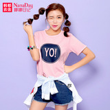 娜娜日记甜美女装2016夏装新款粉色字母印花短袖显瘦T恤NL5150
