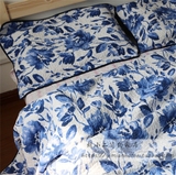 美式青花瓷印花纯棉加大床盖三件套全棉绗缝被空调被薄被外贸出口
