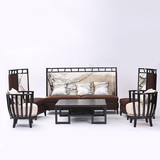 新中式沙发水曲柳实木白梅布艺印花沙发组合客厅会所样板间家具