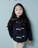 韩国童装15冬新款女童中大童牛角扣羊毛呢子短款大衣加绒棉衣外套