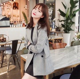 2016春季新款 Cherrykoko韩国代购女装 职业风气场格纹双排扣外套