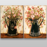 [转卖]怀旧复古美克美家郁金香玫瑰花卉手绘油画双联客厅装饰画