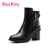 【反季清仓】KissKitty高跟矮靴冬季女粗跟鳄鱼纹真皮短靴子