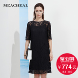 MEACHEAL米茜尔 时尚气质圆领黑色蕾丝连衣裙 专柜正品16夏季女装