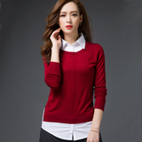 2016新款韩版女装针织衫假两件拼接衬衫领修身显瘦春季毛衣外套薄