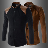 韩版冬季潮流新时尚拼皮立领男士品质青春流行修身型长袖西装外套