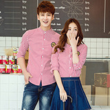 夏季新款韩版情侣装竖条纹七分中袖衬衫男女半袖衬衣加大码工作服