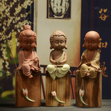 紫砂陶瓷佛像观音西方三圣如来佛地藏菩萨创意木头底座玄关摆件