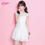 Candie's2016夏新款甜美日系纯色剪花短袖蕾丝短款连衣裙30062220