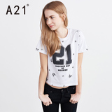 A21女装圆领短袖T恤 2016夏季新品时尚印花数字撞色青春女生t恤衫