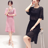 朵以2016夏季两件套连衣裙女韩版短袖镂空上衣蕾丝鱼尾包臀裙套装