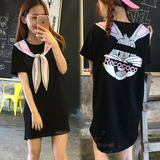 韩国新款黑色代购2016夏季可爱纯棉卡通韩版中长款短袖t恤女装潮