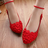 大红色平底新娘鞋婚礼高跟珍珠结婚鞋中低跟演出伴娘鞋韩版女单鞋