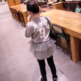 韩国正品代购女童卫衣2015秋冬装网纱拼接加绒灯芯绒儿童套头绒衫