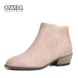 OZZEG秋季新款磨砂真皮短靴女靴子 粗跟中筒英伦马丁靴Z3317
