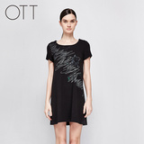 OTT原创设计 2016夏新品 圆领印花针织中长款短袖连衣裙TT54W4115