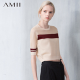 Amii2016春夏新品针织t恤女短袖套头短款条纹拼接撞色宽松打底衫