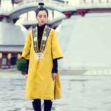 素萝 北辰 原创中国风女装2015冬装新款中长款七分袖麂皮棉衣外套