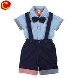 韩国cc童装男童夏2016学院风儿童两件套短袖宝宝衬衣背带短裤套装