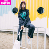 韩国代购2016秋季女装宽松大码运动套装休闲阔腿裤圆领卫衣两件套