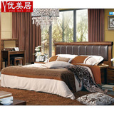 黑胡桃色实木床 中式软靠背双人床 简约现代1.8米真皮储物高箱床