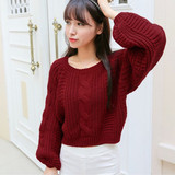 韩版学院风套头毛衣女宽松显瘦麻花灯笼袖短款粗毛线打底针织衫